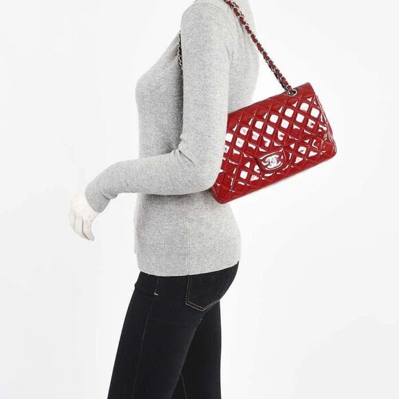 Chanel Red Quilted Patent Leather Classic Medium Double Flap Bag - Picture 7 of 9